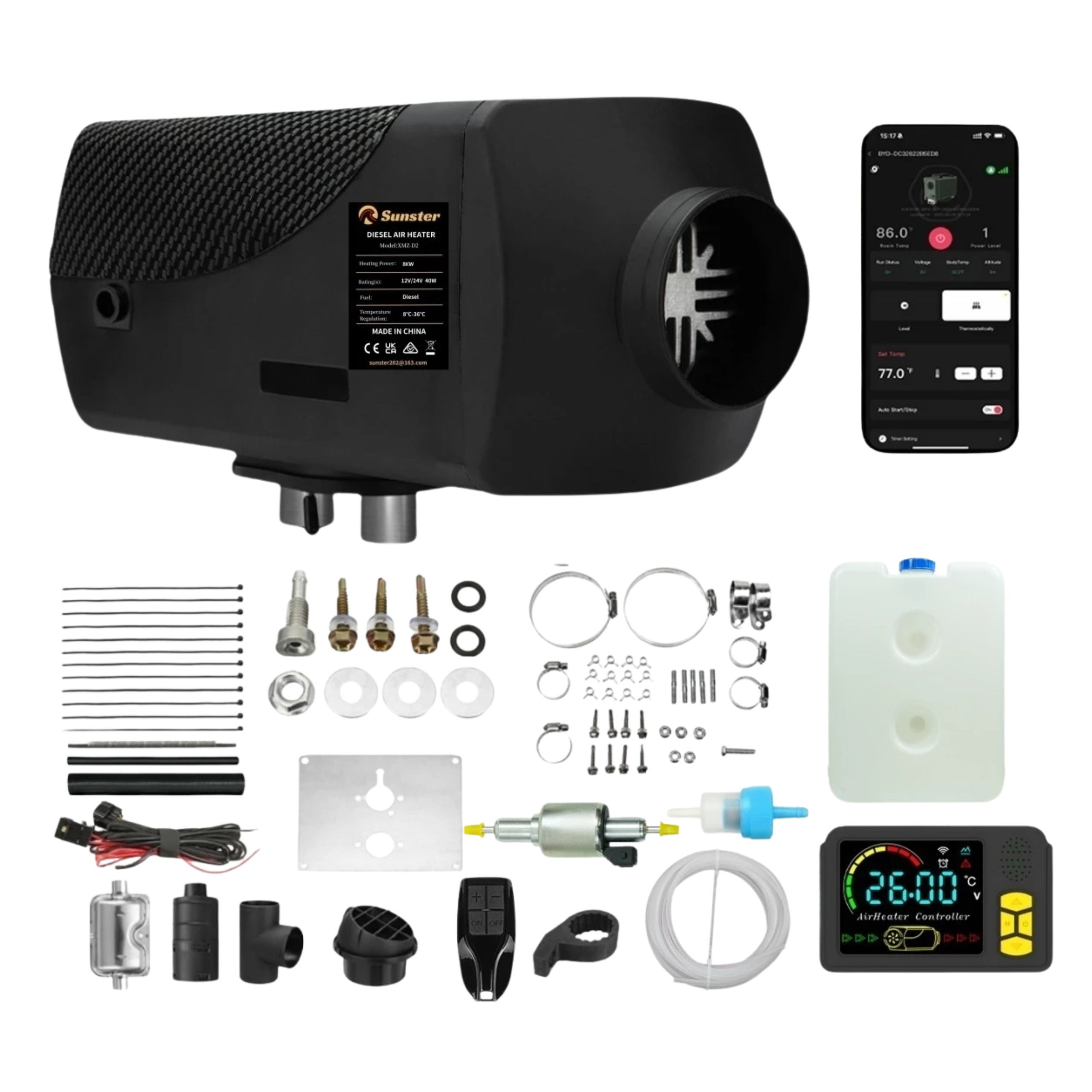 Ogrzewanie postojowe Nagrzewnica 12V 2kW Olejowa LCD Zestaw Bluetooth Pilot